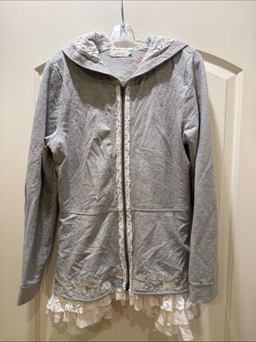 Johnny Was Gray Hooded Zip Jacket with Lace & Ruffle Trim